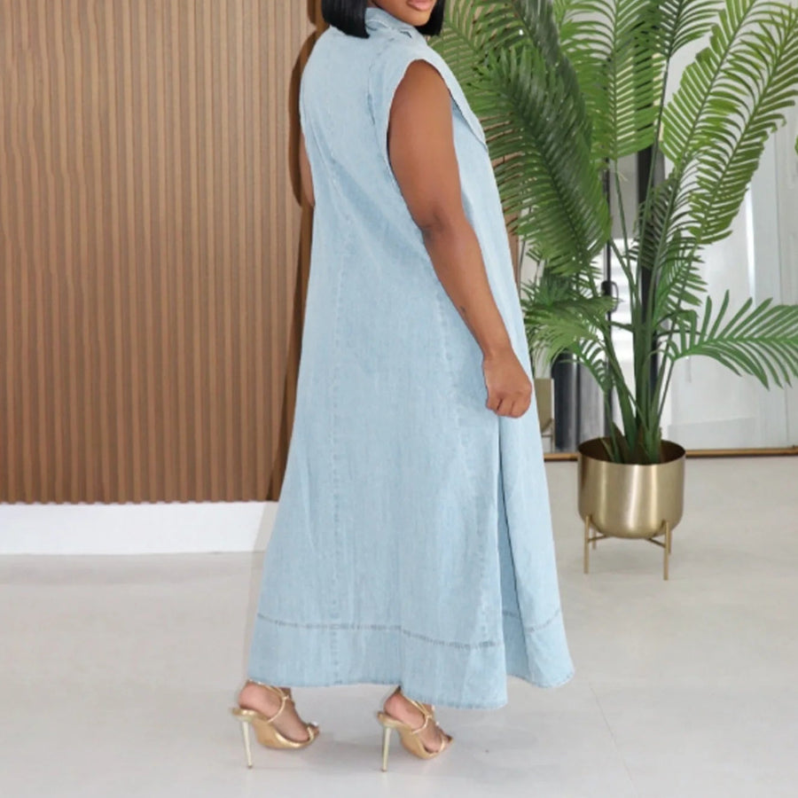 Long Dress Women Denim Dresses A Line Vestidos  Streetwear Turn Down Collar Sleeveless Elegant Casual Loose