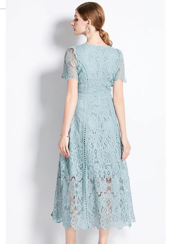 High quality openwork lace short sleeve round neck high-end vintage dress