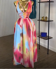 Women Tie Dye Print Diamonds Hot Rhinestones Strap A-line Midi Maxi Long Dress  Beach Holiday Party Birthday Dresses