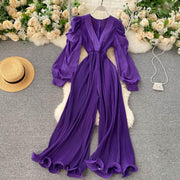 High Quality Lantern Sleeve Stretch Chiffon Wide Leg Deep V Neck Sexy Pleated Long Jumpsuit