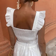Women Vintage Printed Embroider High Waist Straight Skirt Set Elegant Backless Ruffle Pleated Tank Set Summer Lady Street Outfit
