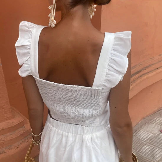 Women Vintage Printed Embroider High Waist Straight Skirt Set Elegant Backless Ruffle Pleated Tank Set Summer Lady Street Outfit