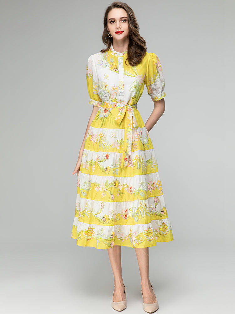 Round Neck Lantern Short Sleeve High Quality Flower Print Dress