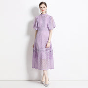 High Quality Long Purple Lantern Sleeve Elegant Lace Dress