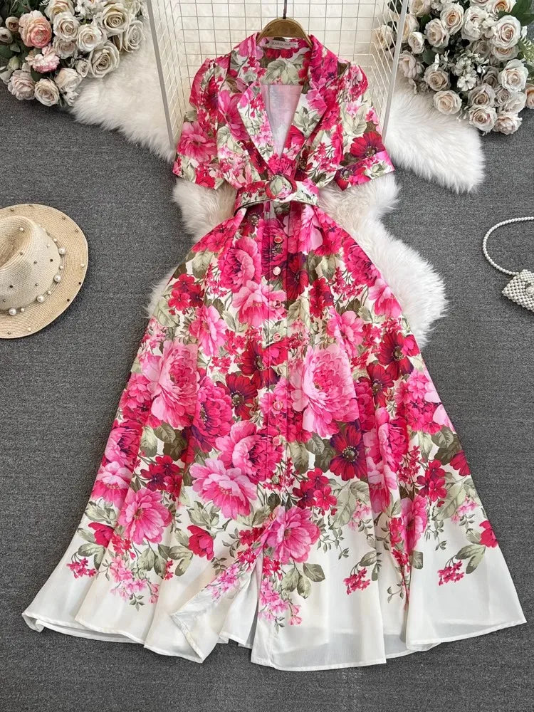 High Quality Flared Belt Notched Short Sleeve Floral Print Maxi Dress