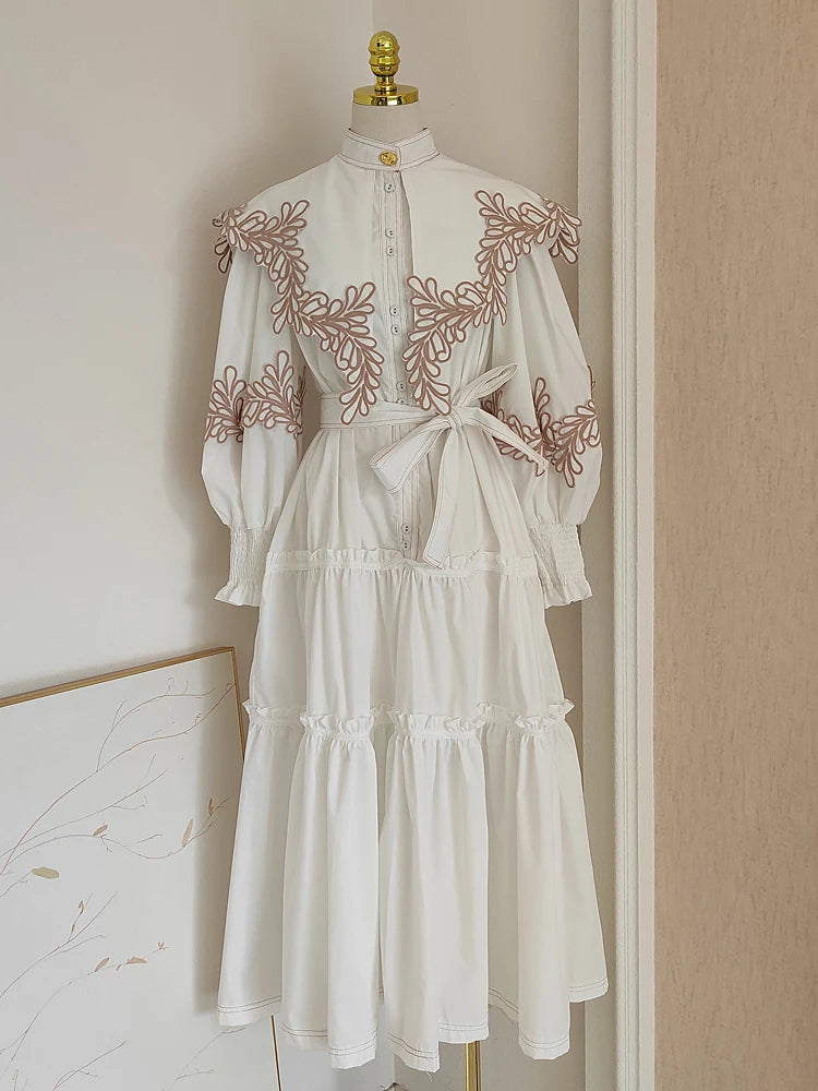 High Quality Gold Flower Embroidery Patchwork Black White Cotton Dress