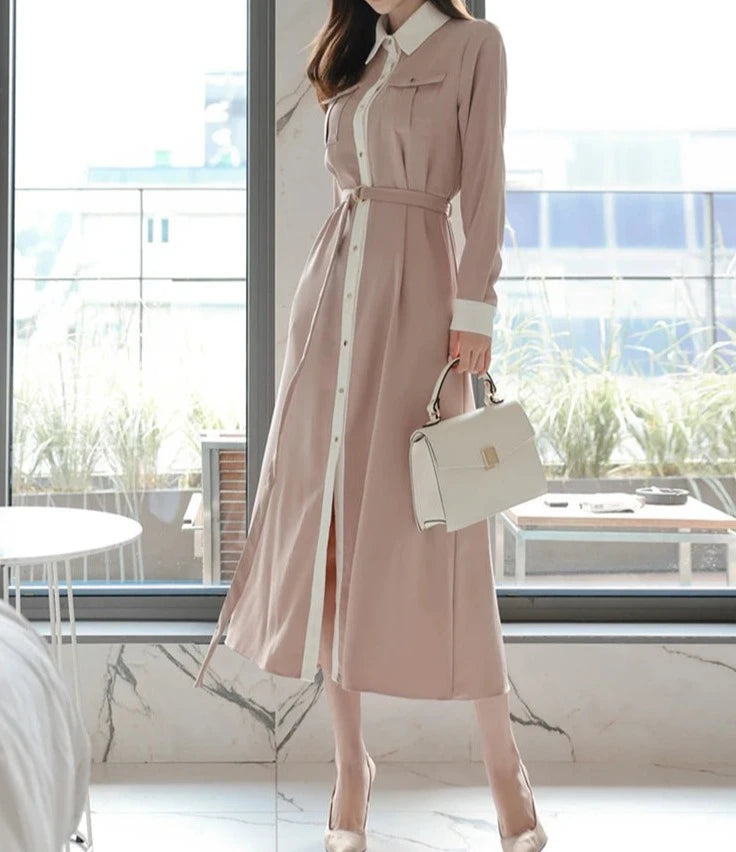 Elegant Long Sleeve Belted High Quality Maxi Dress Pink / S / CN Elegant Long Sleeve Belted High Quality Maxi Dress Pink / S / CN