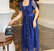 High Quality Flower Embroidery Water Soluble Lace Hollow Out Square Neck Belted Elegant Dress