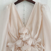 Women Spring Summer Dress Runway Fashion V-Neck 3D Appliques Backless Long Sleeve White Apricot Elegant Party Holiday