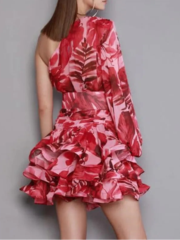 Sexy Diagonal Collar Long Sleeve Floral Mini Dress Elegant Slanted Shoulder Belt Printing Slim Dress Women Party Club Evening