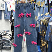 Age Reduction Female Two-piece Set Cute Bow Diamonds Beads O-neck Pullover T-shirt Top + High Waist Straight Denim Pants Suits