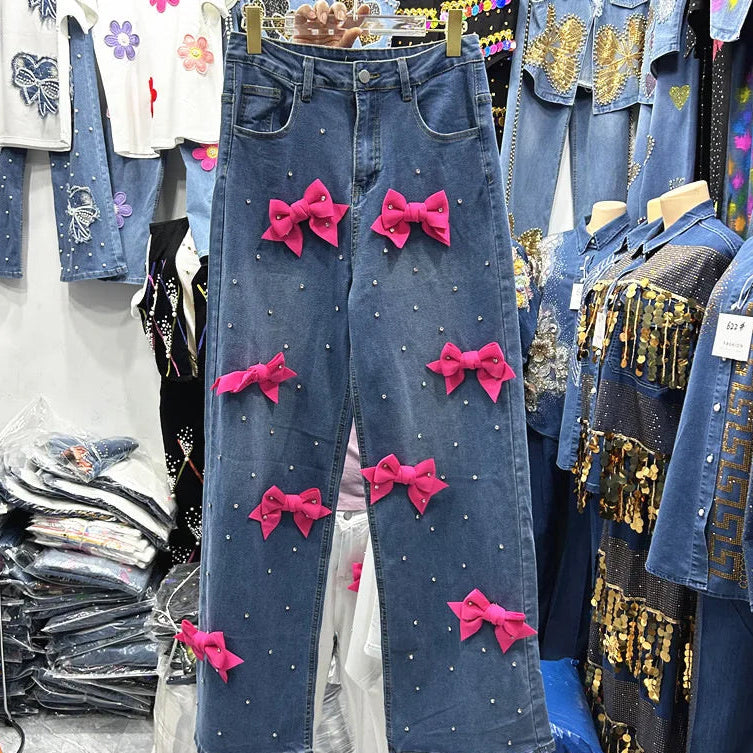 Age Reduction Female Two-piece Set Cute Bow Diamonds Beads O-neck Pullover T-shirt Top + High Waist Straight Denim Pants Suits