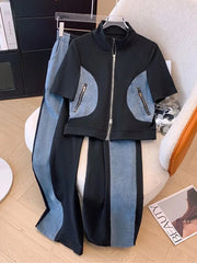 2024 Summer New Stitched Zipper T-shirt top Female Set Elegant Women's Jeans Casual Blouse Two Piece Set Ladies Tracksuits big
