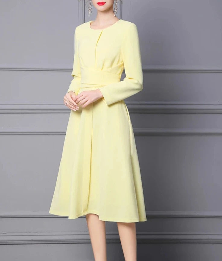 long sleeve below knee dress DORA Fitted Long Sleeves Sheath with Side Ruching Below the Knee Lengt Elana Kattan