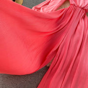 High Quality Lantern Sleeve Stretch Chiffon Wide Leg Deep V Neck Sexy Pleated Long Jumpsuit