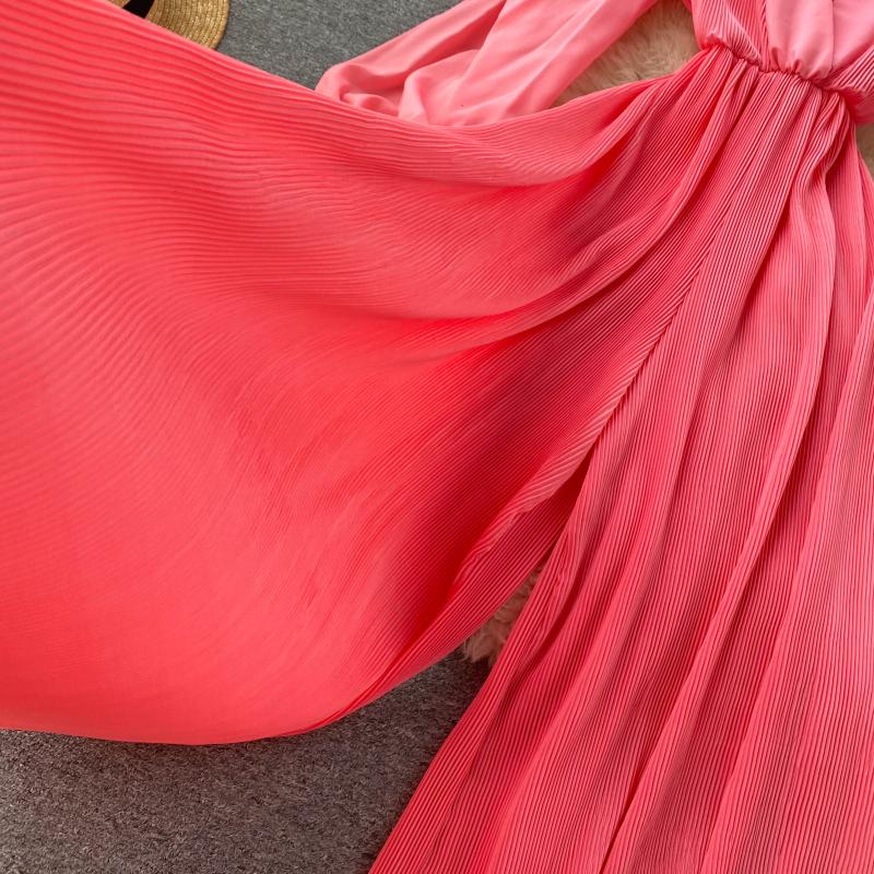 High Quality Lantern Sleeve Stretch Chiffon Wide Leg Deep V Neck Sexy Pleated Long Jumpsuit