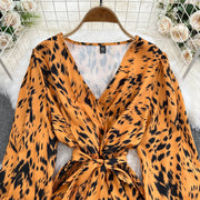 Retro Sweet V Neck Slim Lace -up Print Autumn Summer Elegant Elastic Dress A-line Long Sleeve Vacation Women Mermaid Dresses