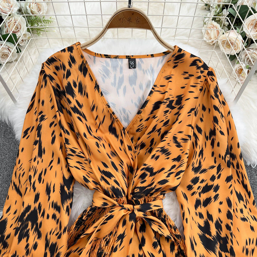 Retro Sweet V Neck Slim Lace -up Print Autumn Summer Elegant Elastic Dress A-line Long Sleeve Vacation Women Mermaid Dresses