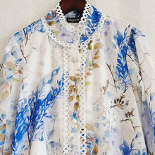 Stand Collar Blue Flower Print Hollow Out Ruffles Prairie Elegant Loose High Quality Maxi Dress