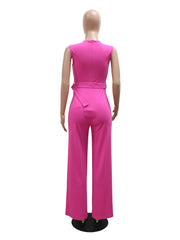 Elegant Jumpsuits Round Neck Sleeveless High Waist Wide Leg Pants with Belt High Quality