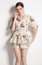 Flower Embroidery Lace Shorts Set Elegant Lantern Sleeve Shirt+Wide Leg Shorts High Quality