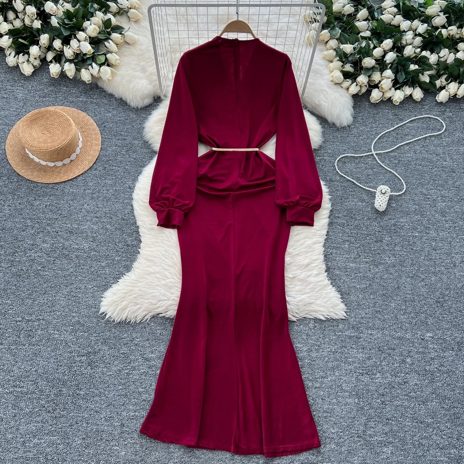 Elegant Pleated Vintage V-neck Chic Long Sleeve Slim Split Dress Korean Fashion Evening Party High Street Autumn Winter Clothing