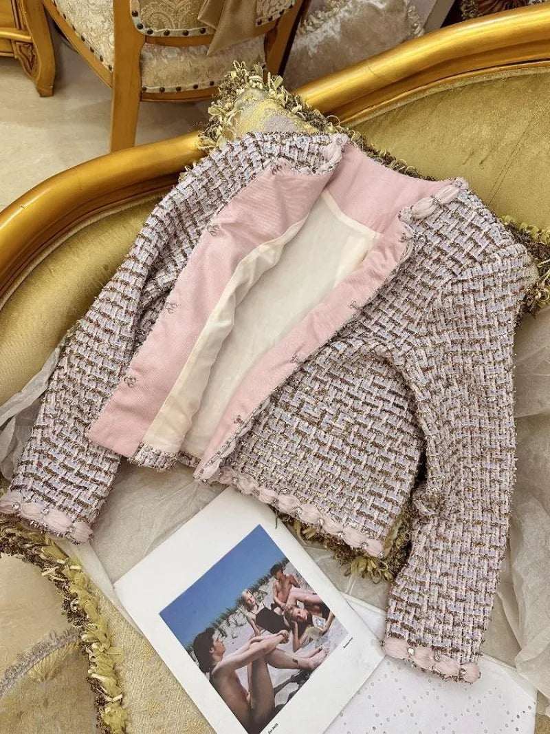 Autumn Winter Office Women Mixed Color Fit Sets Golden Silk O Neck Two Piece Set Tweed Jacket Slim Half Skirt Set Elegant Lady