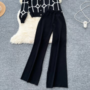 2 Piece Sets Single Breasted Print Cardigan + High Waist Wide Legs Pants