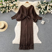 High quality pleated batwing sleeve v neck high stretch loose dresses