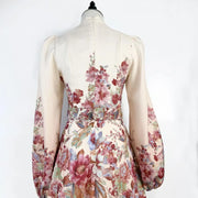 Floral print dress with long sleeves, high neck, and belt, high quality midi length