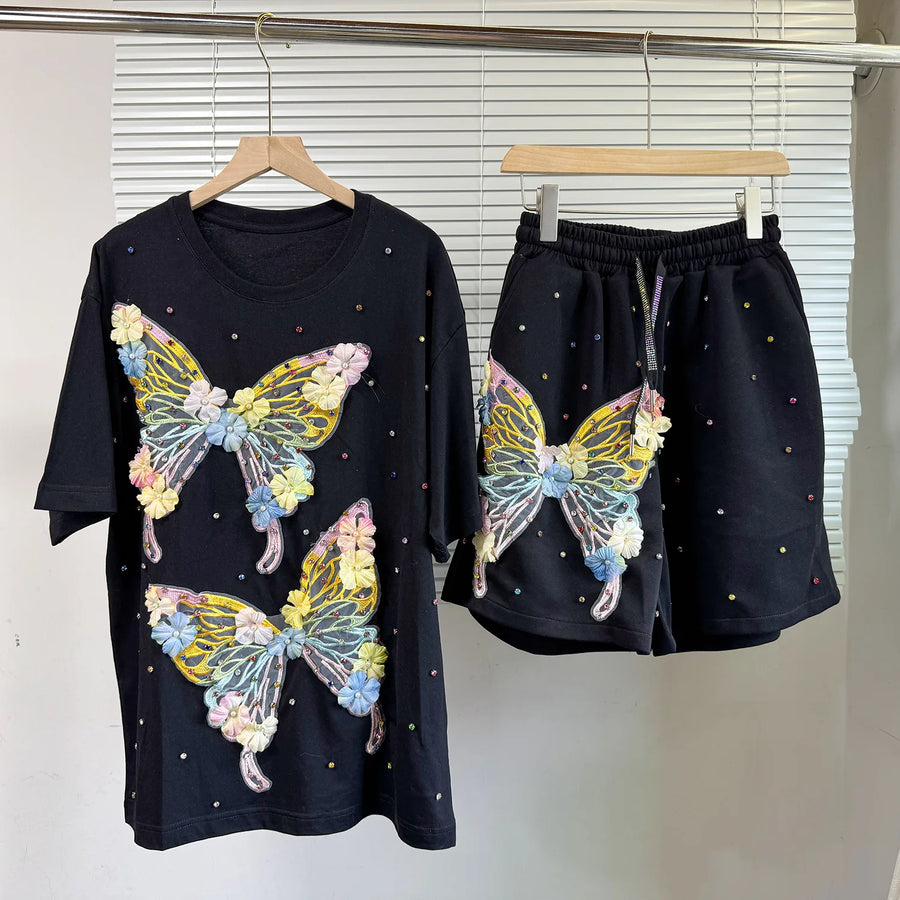 Fashion Butterfly Floral Beading Women's Set T-shirt and Shorts  Summer Active Two 2 Piece Sets Outfit Tracksuit