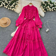Elegant retro style slit maxi dress with pearl buttons and high-quality crochet embroidery