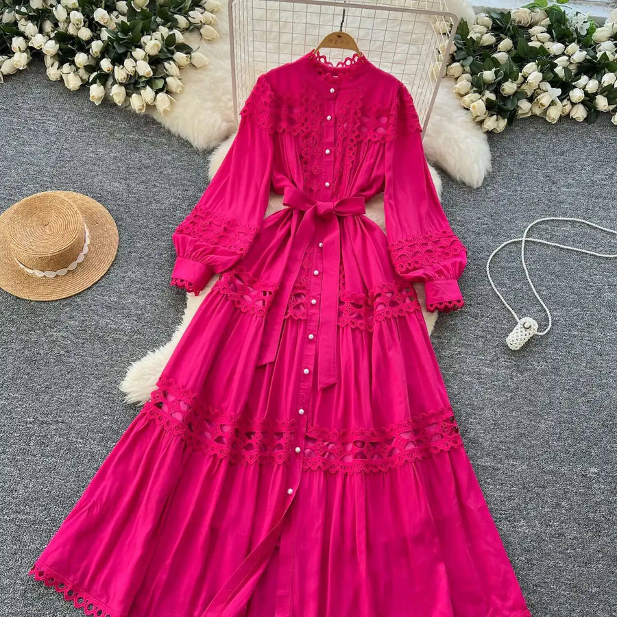 Elegant retro style slit maxi dress with pearl buttons and high-quality crochet embroidery