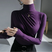 High Quality Solid Color Long Sleeve Pleated Turtleneck Stretch Cotton T-shirt