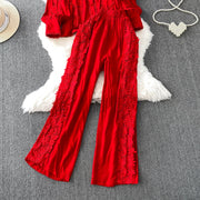 Women Lace Patchwork Pants Set Single Breasted Long Sleeved Shirt Elastic Waisted Trousers Suit Summer Female 2 pieces Sets