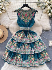 High Quality Belted Floral Print V Neck Sleeveless Dress