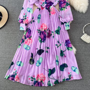 High Quality Floral Print Maxi Long Sleeve Pleated Dress