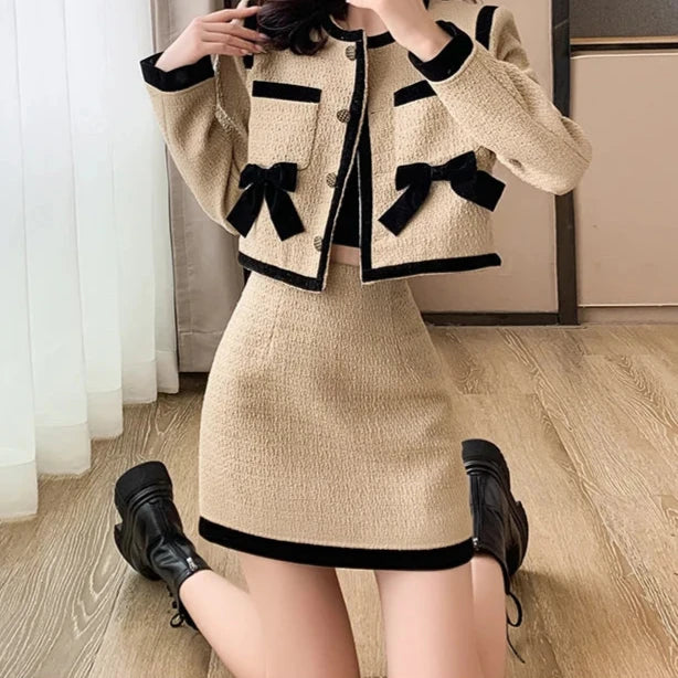 Single Breasted Bow Tweed Short Jacket Coat + Mini Pencil Skirt Two Piece Set High Quality