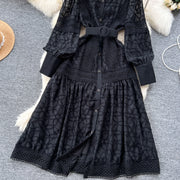 Elegant round neck fitted long dress, vintage style, long lantern sleeves, embroidery, single breasted, French evening style