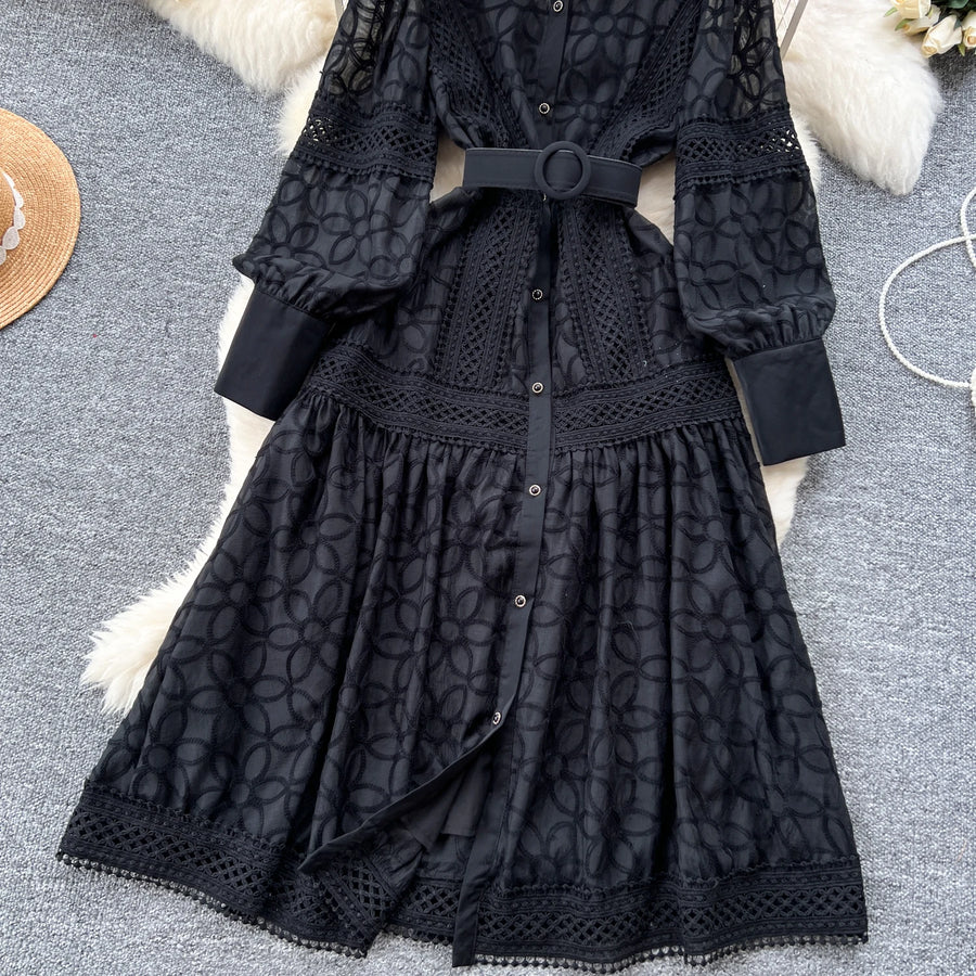 Elegant round neck fitted long dress, vintage style, long lantern sleeves, embroidery, single breasted, French evening style