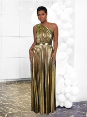 High Quality Sleeveless One Shoulder Luxury Metallic Pleated Long Dress