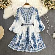Women Dress Elegant Spring Autumn Retro Fashion Court Style Positioning Printing Lantern Sleeve Single Breasted Vintage Dress