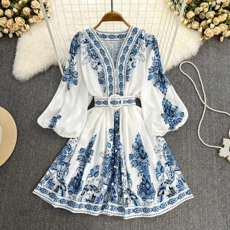 Women Dress Elegant Spring Autumn Retro Fashion Court Style Positioning Printing Lantern Sleeve Single Breasted Vintage Dress