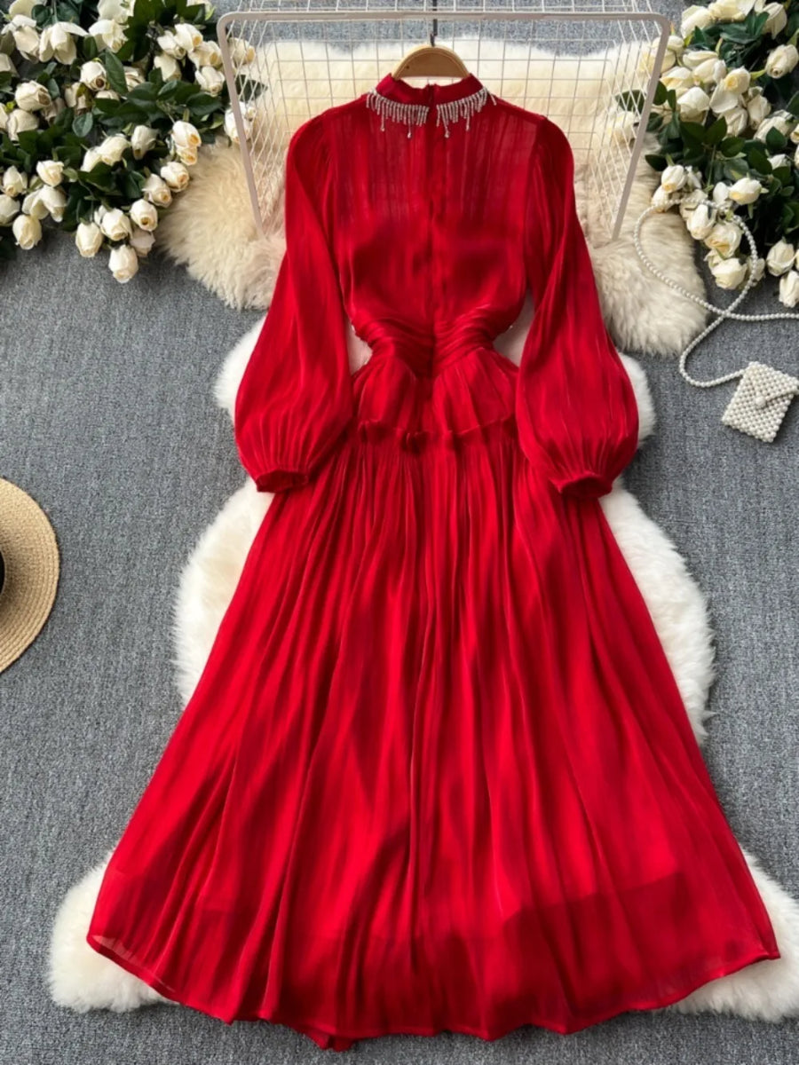 High Quality Stand Collar Flare Sleeve Big Swing Ribbed Bodycon Dress Blue / L High Quality Stand Collar Flare Sleeve Big Swing Ribbed Bodycon Dress Blue / L