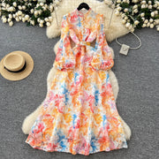 Crochet Lace Embroidery Hollow Out Floral Print Maxi Dress Autumn Women Long Lantern Sleeve Pearl Buttons Up Belt Prom Clothing