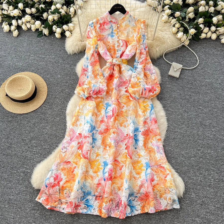 Crochet Lace Embroidery Hollow Out Floral Print Maxi Dress Autumn Women Long Lantern Sleeve Pearl Buttons Up Belt Prom Clothing