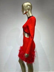 High Quality Feather Beaded Luxury Sexy Long Sleeve Red Bandage Mini Dress