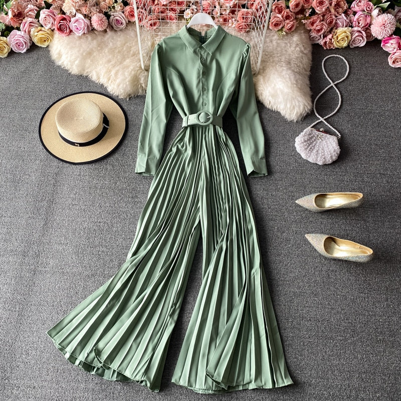 High Quality Long Sleeve High Waist Lace Up Pleated Vintage Jumpsuit