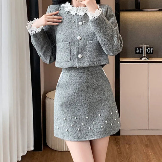 Tweed Two Piece Set Sweet Lace Round Neck Short Coat and A-Line Mini Skirt