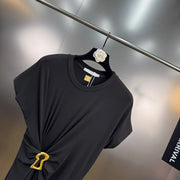 French retro round neck, short sleeve, high waist, straight dress with high-quality spliced metal pins
